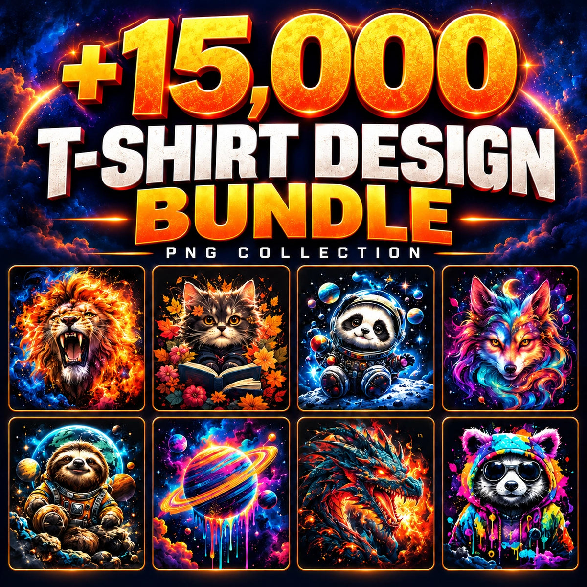 +15000 T-Shirt Design PNG Bundle, Lion & Cute Cat Graphics, Animal Art, Fantasy & Space Designs, Digital Download