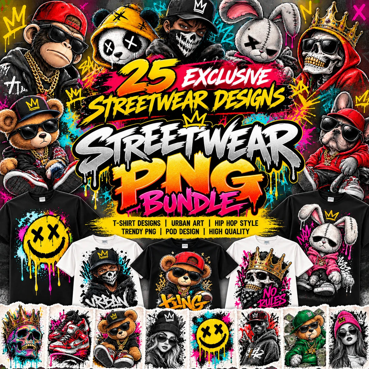 25 Streetwear PNG Bundle, Urban T-Shirt Designs, Hip Hop PNG Graphics, Trendy Shirt Print Designs, POD Sublimation Digital Download
