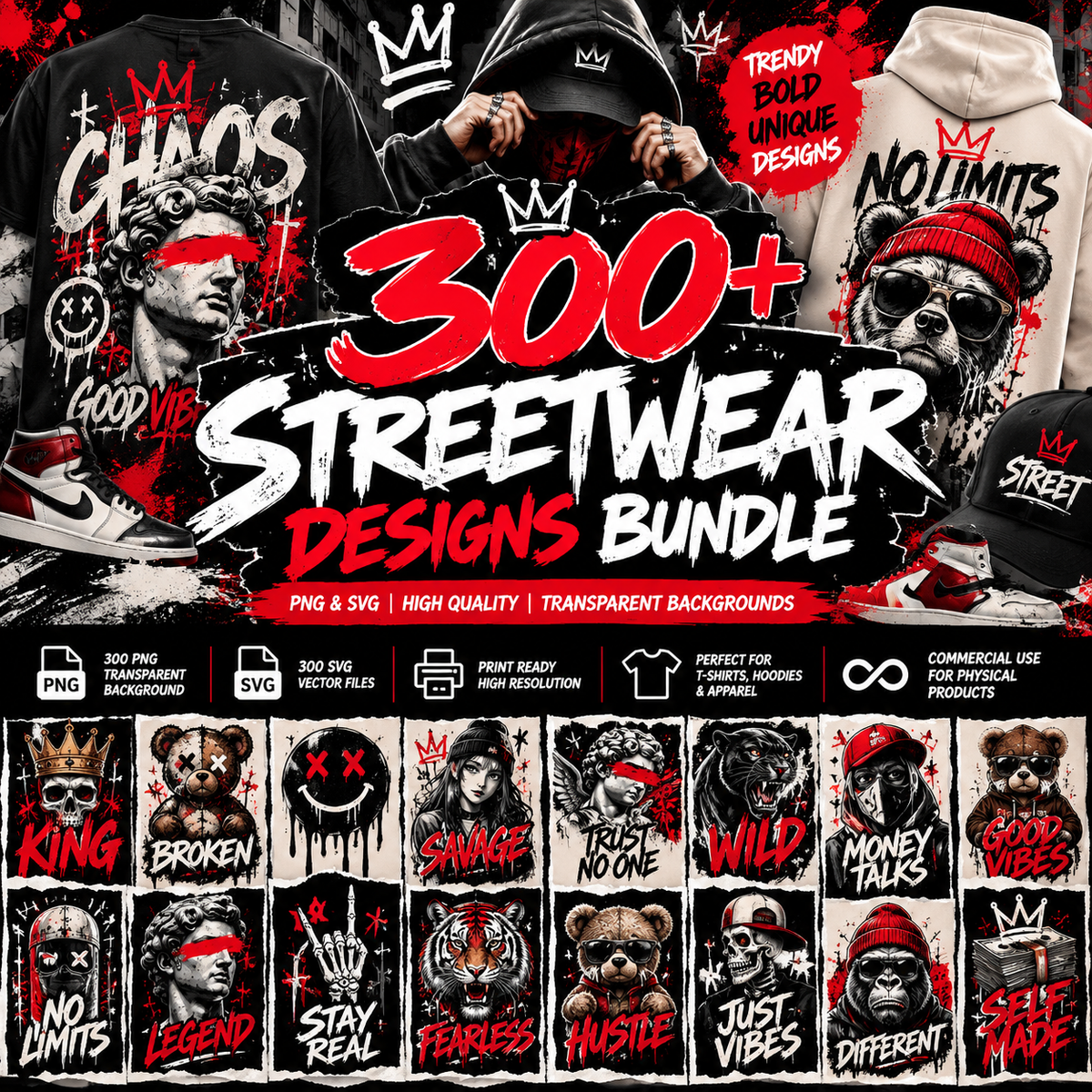 +500 Streetwear PNG & SVG Bundle, Urban T-Shirt Designs, Streetwear Sublimation Graphics, Trendy Shirt Designs, Digital Download