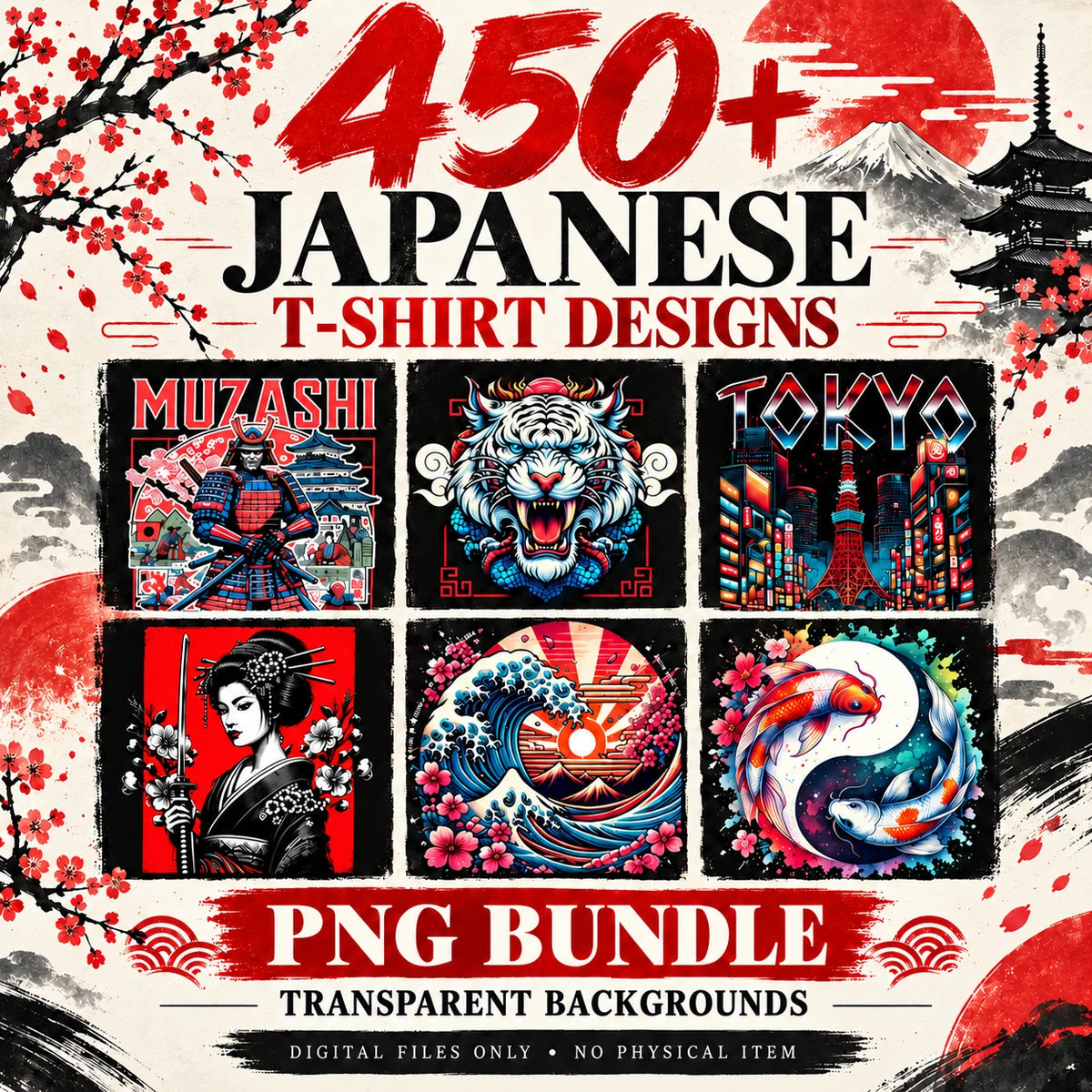 +450 Japanese T-Shirt PNG Bundle, Samurai, Koi Fish & Geisha Designs, Japanese Streetwear Graphics, Transparent Clipart for POD